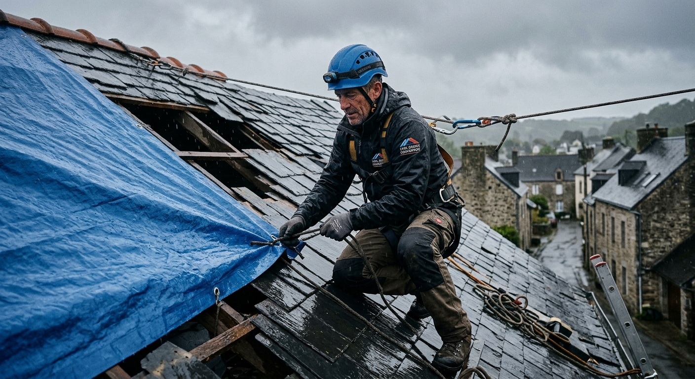 Couvreur professionnel intervenant en urgence sur une toiture sous la pluie &agrave; Aix-en-Provence