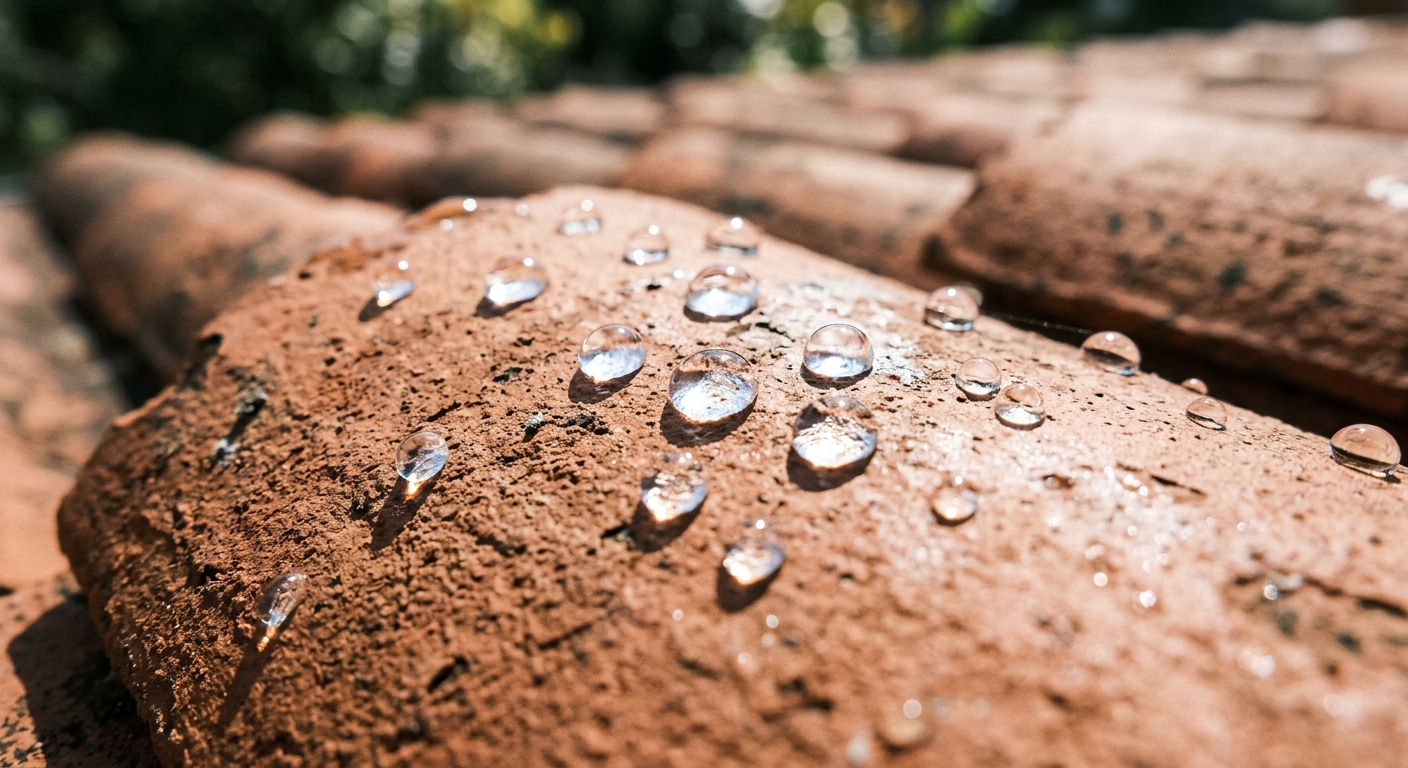 Gros plan sur l'effet perlant de l'hydrofuge sur des tuiles de toiture