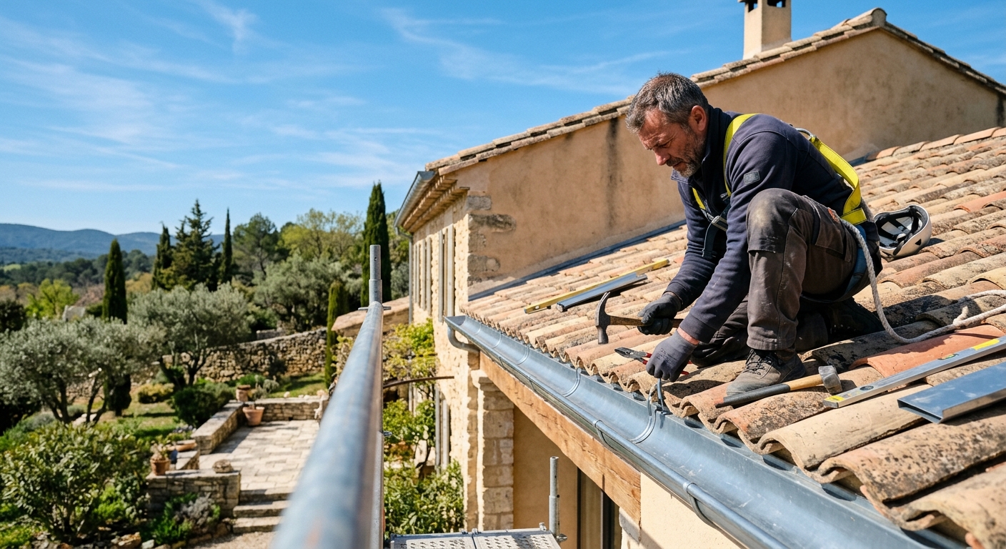 Artisan couvreur zingueur installant une goutti&egrave;re